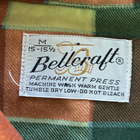 Vintage Bellcraft Shirt Mens Medium Plaid Orange Green Brown Permanent Press 70s - Picture 3 of 8